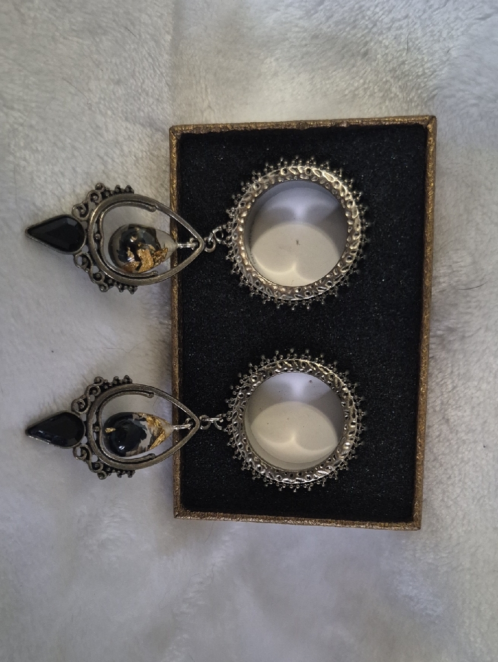 Vintage-Inspired Black and Silver Drop Earrings For Gauged Ears